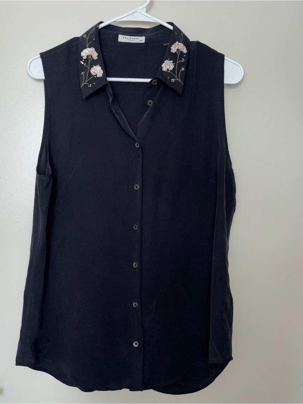 Equipment Black Silk Sleeveless Button-Up Blouse with Embroidered Collar